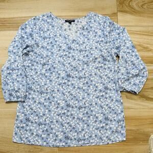 Mario Serrani Women's Tunic V-Neck Top Blue/White/Black Floral Print SZ Medium